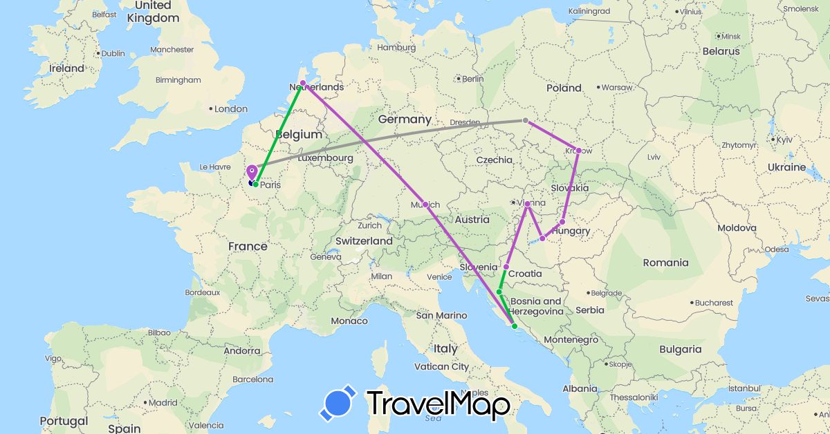 TravelMap itinerary: driving, bus, plane, train in Germany, France, Croatia, Hungary, Netherlands, Poland, Slovakia (Europe)